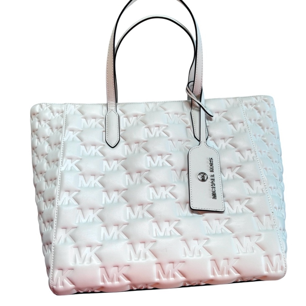 Michael Kors White Embossed MK Logo Tote Bag Silver Hardware